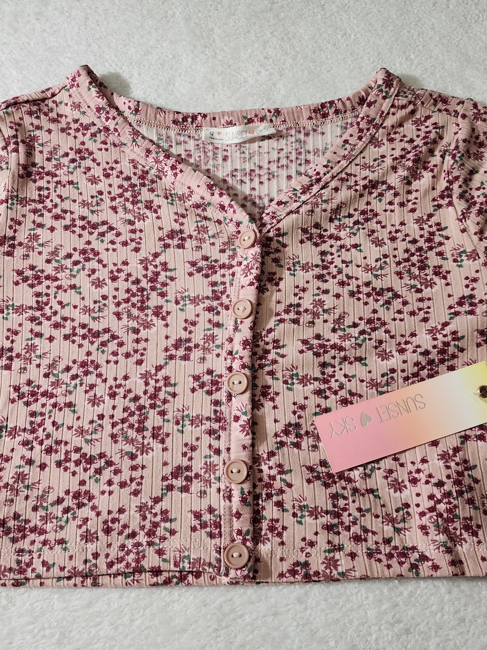 Pink Floral Ribbed Henley Top for Kids
